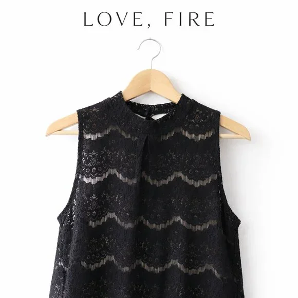 Love, Fire Black Lace Sleeveless Top XL Sheer Overlay Scalloped Hem Chic - Picture 1 of 7